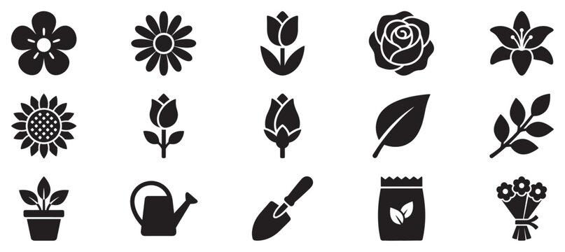 Flowers, plants, and gardening tools are depicted as a comprehensive collection of minimalist black glyph icons for horticulture and nature themes.