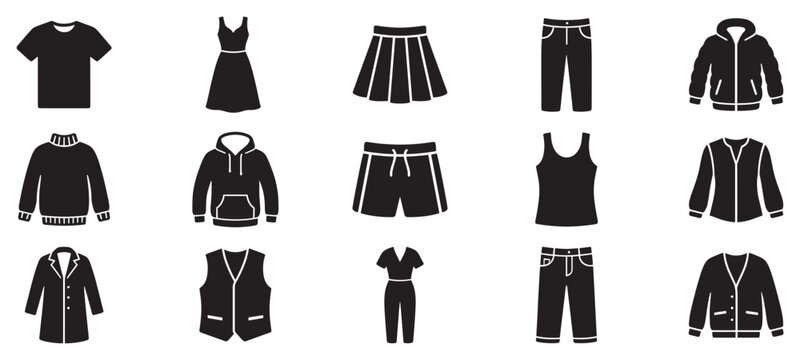 Clothing items collection of various apparel silhouettes representing different types of garments for fashion and wardrobe concepts.