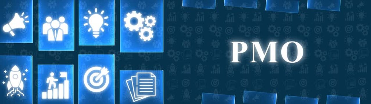 Blue Gradient Background with Business Icons and PMO Text project management office project