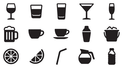 Plakat Beverage icons and drinkware symbols collection representing various types of drinks and serving items for menus.