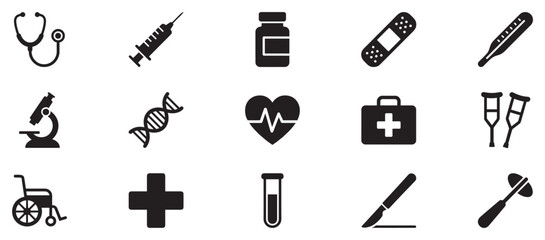 Obraz premium Medical healthcare professional equipment and tools icon set representing various aspects of health, science, and emergency care.