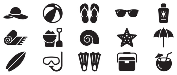 Summer beach vacation icons set with various holiday objects for travel and leisure activities and relaxation.