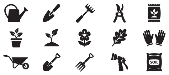 Obraz premium Gardening tools, plants, and equipment icons represent various horticultural activities and supplies for outdoor work.