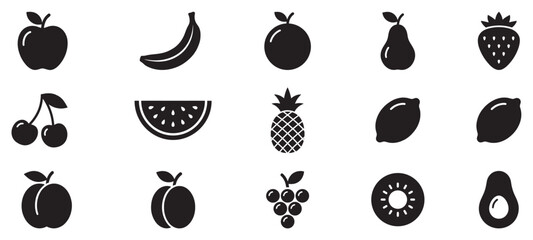 Fototapeta premium Various fruit icons collection featuring healthy food silhouettes arranged in a grid for nutrition and diet concepts.