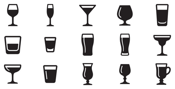 Drinking glasses icons set featuring various types of beverage containers for alcoholic and non-alcoholic drinks.
