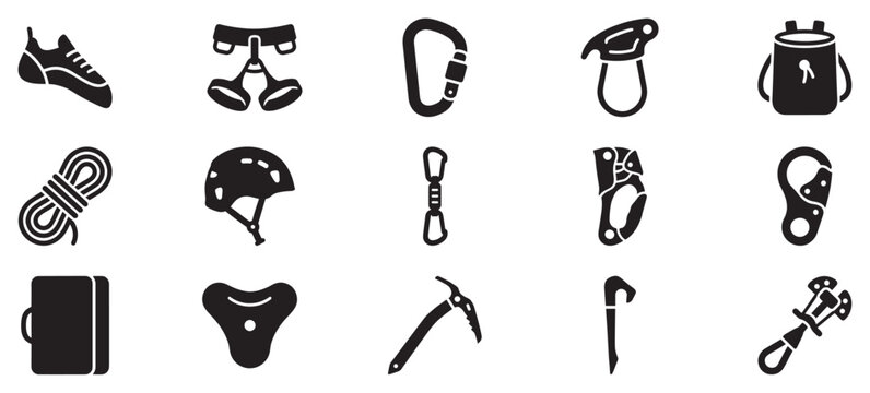 Climbing gear icons collection featuring essential equipment for adventurers, mountaineers, and outdoor sports enthusiasts.