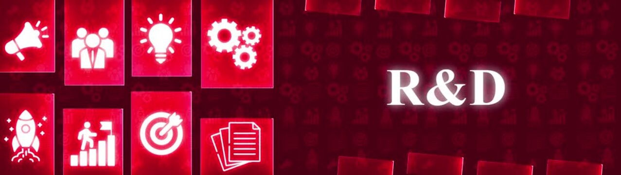 Glowing R& D Icons and Text on a Dark Red Background with Repeating Patterns research and development