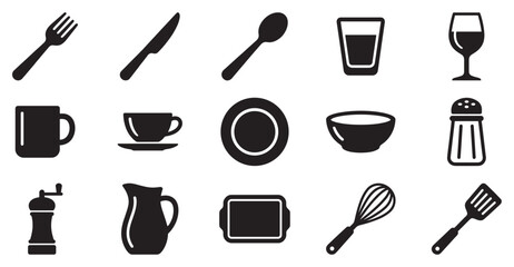 Kitchen and dining utensils icons set featuring various cooking and serving tools for home and restaurant use.