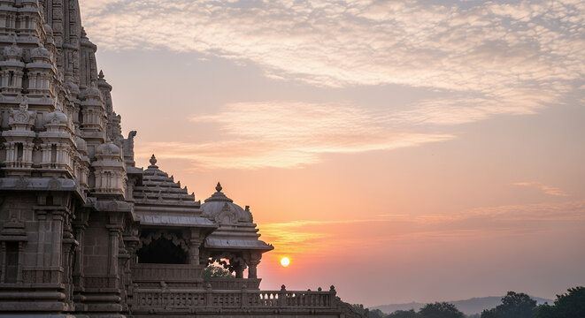 Ramanuja Jayanti celebration: Ancient temple stone textures illuminated by a gentle sunrise and tranquil pastel sky, capturing spiritual serenity.