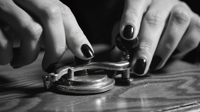 Hands with dark nail polish operating a metal device