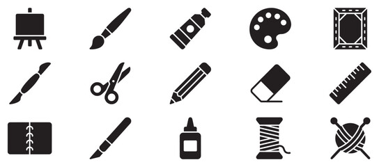 Obraz premium Art craft and school supplies icons set featuring various creative tools, stationery, and hobby items for design.