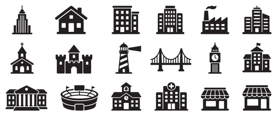 Fototapeta premium Buildings and structures vector icons collection representing various urban, commercial, and residential landmarks in a modern flat design.