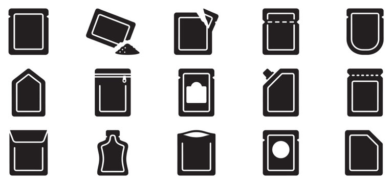 Flexible packaging icons set featuring diverse pouch and sachet designs suitable for various product types and industries.