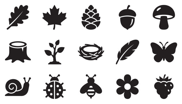 Nature icons collection featuring various natural elements like leaves, insects, and plants in a simple silhouette style.