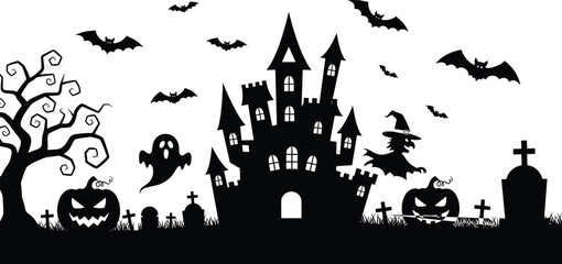 Fototapeta premium Spooky Halloween night silhouette with haunted castle, ghosts, pumpkins, bats, witch and graveyard for holiday party decoration and horror background, cad drawing flat vector illustration