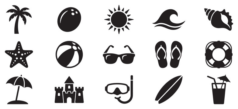 Summer beach vacation icons set with various holiday symbols like palm trees, sun, waves, and sandcastles for travel and leisure.