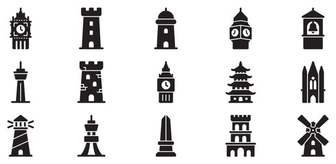 Fototapeta premium Various architectural landmark towers and buildings are illustrated as black silhouette icons in a diverse set.