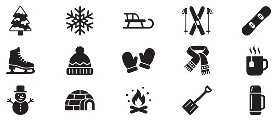 Fototapeta premium Winter icons collection featuring various cold weather activities and seasonal elements for graphic design projects.