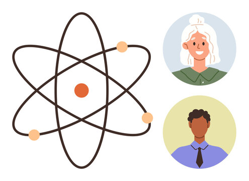 Science, education, teamwork, collaboration, innovation, diversity. Atomic structure with electrons and two diverse individuals in separate portraits. Science and education teamwork concept
