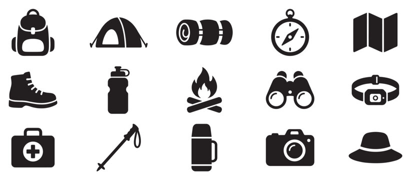 Outdoor adventure camping hiking equipment icons collection for wilderness exploration and nature travel graphics.