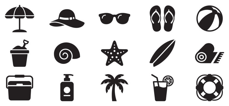 Beach and summer vacation icons collection featuring essential holiday elements like umbrellas, flip-flops, and sunglasses for tropical getaways.