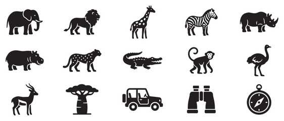 Fototapeta premium African safari animals and elements icons collection representing wildlife, adventure, and exploration in a minimalist black silhouette style.