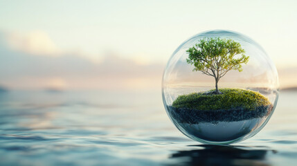 Tree growing on small island inside glass sphere floating on water symbolizing environmental protection and sustainability