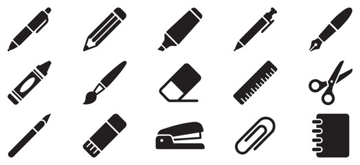 Stationery icons and school supplies collection featuring various essential items for education and office work.