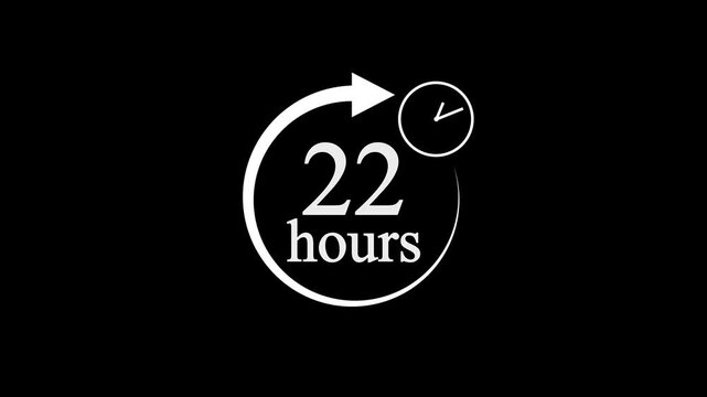 22 Hours Countdown Timer Animation. Stopwatch Clock icon with 22 Hour&rsquo;s Time Management on Black Background. 4k video.