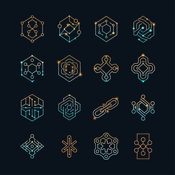Blockchain technology and cryptocurrency network connection icons set.