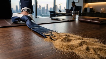Obraz premium Business suit covered in sand represents burnout and stress in a modern office setting during a busy workday