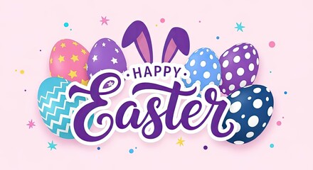 Happy easter day celebration with colorful eggs and bunny ears on pastel background