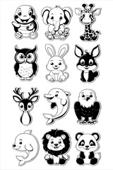 Fototapeta premium Twelve cartoon animals including turtle, elephant, giraffe, owl, rabbit, fox, deer, dolphin, eagle, lion, panda, drawn in cute stylized manner with large eyes