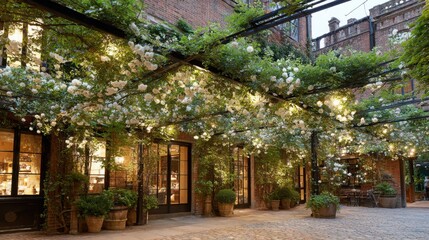 Fototapeta premium Latticework Garden Trellis Adorned with Abundant Climbing Roses and Twinkling Lights Creating a Romantic Outdoor Ambiance