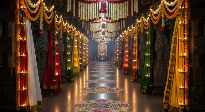 Vaikasi Visakam Festival: Ornate Hindu Temple Corridor Decorated with Subtle Lamps and Traditional Motifs, South India Spiritual Scene