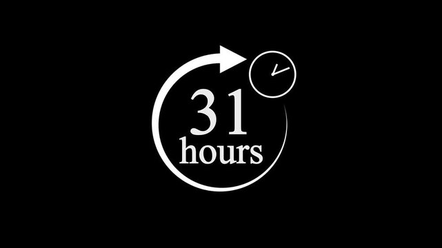 31 Hours Countdown Timer Animation. Stopwatch Clock icon with 31 Hour&rsquo;s Time Management on Black Background. 4k video.
