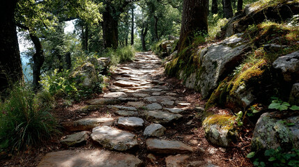 Gravel trail footpath through forest, textured stones and dirt, winding path, sunlight and shadow patterns, emphasizing natural outdoor trail and hiking environment.