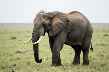 Obraz premium Majestic African Elephant Standing in Open Grassland Savanna with Large Tusks and Wrinkled Gray Skin under Soft Natural Light