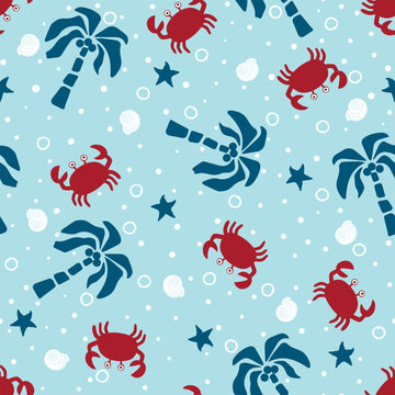 Crab and palm tree seamless pattern for kids