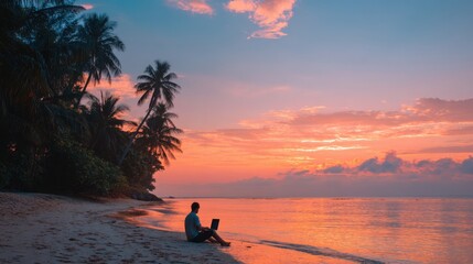 Obraz premium Remote worker using laptop on beach during tropical sunset, enjoying freedom