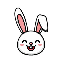 Obraz premium Cute happy cartoon rabbit face with a joyful smile on an isolated white background.