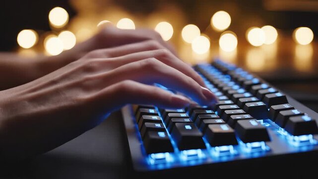 Hands typing on a backlit keyboard