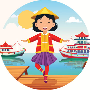 Joyful girl in traditional outfit by the sea