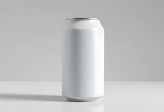 Minimalist white beverage can positioned on a plain surface with soft lighting. 12 oz can mockup