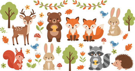 Cute woodland animals collection with deer bear fox rabbit raccoon hedgehog and forest elements cartoon vector set © Kharshad Creative
