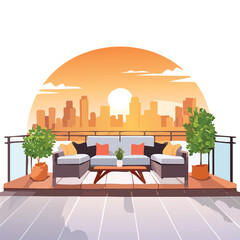 Fototapeta premium Modern terrace with cityscape view at sunset