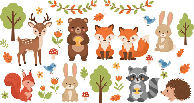 Cute woodland animals collection with deer bear fox rabbit raccoon hedgehog and forest elements cartoon vector set