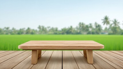 Serene Wooden Table Display in a Soft Blurred Rural Plantation with Lush Green Background