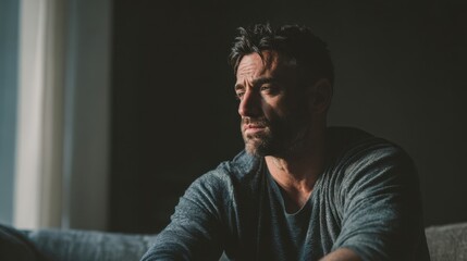Obraz premium Man feeling sad, looking away, reflecting on worries, mental health awareness