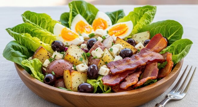 delicious salad with bacon and eggs on a wooden plate indoors food salad bacon eggs healthy meal lun